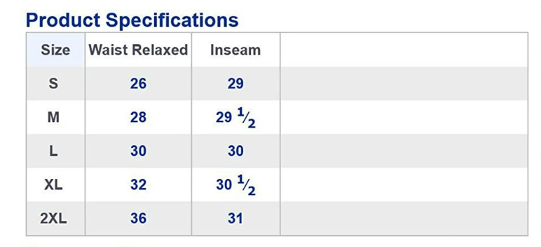 Product specifications table for waist and inseam measurements.